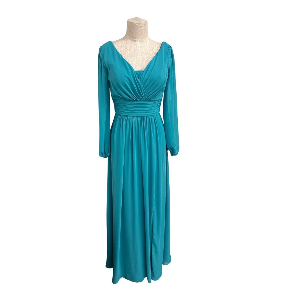 B2 Jasmine Teal Long Sleeve Maxi Dress V-Neck Pleated Waist Size 10 Beautiful Go